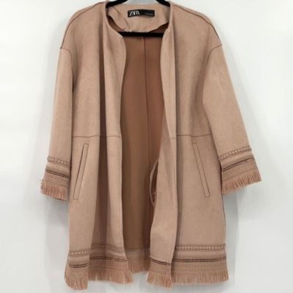 Zara Womens Dusty Pink Faux Suede Fringe Jacket Size XS - Picture 2 of 10
